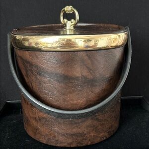VTG MCM Kraft-Ware Ice Bucket Faux Brown Leather Gold Trim In Condition